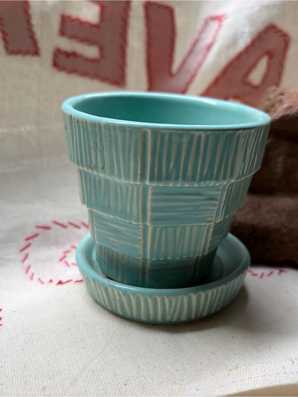 Vintage 1950s McCoy Basket Weave Teal Planter